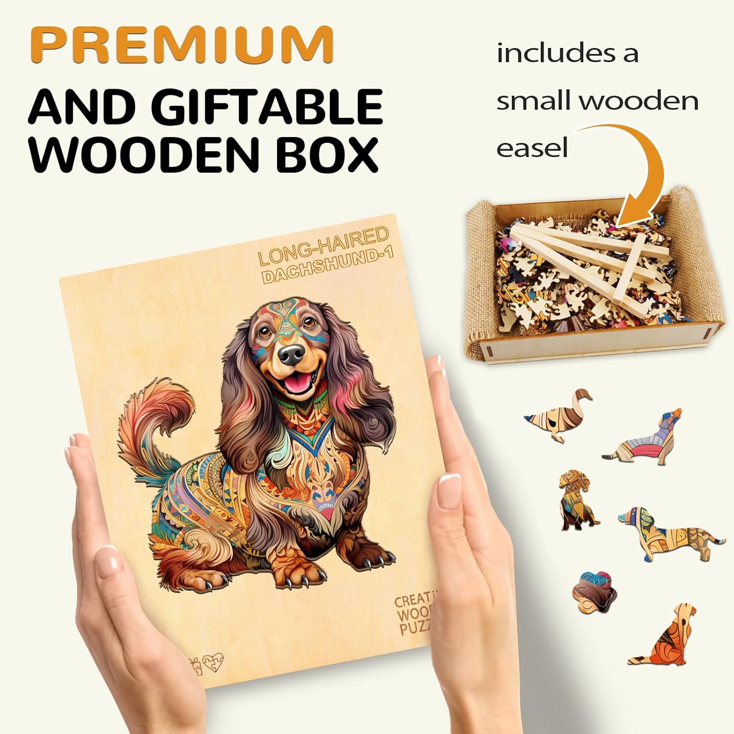 Wooden Puzzle for Adults, Long-Haired Dachshund Dog Wooden Jigsaw Puzzle, Unique Shape Animal Wood Puzzles with Beautiful Box, Family Game Gifts (L-13.3 * 13in-260Pcs)
