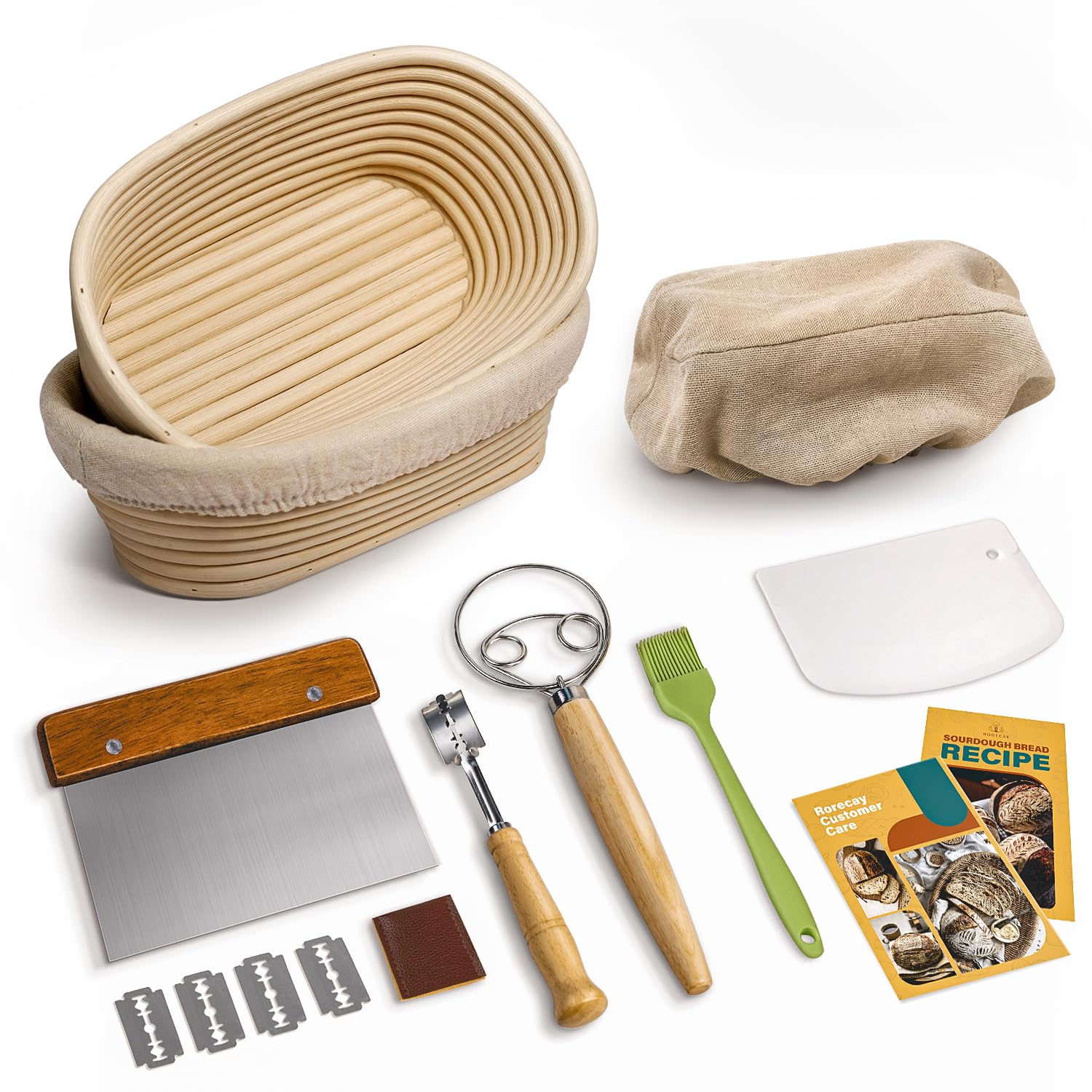 Rorecay Banneton Bread Proofing Baskets Set of 2, 10 Inch Oval Cane Sourdough Bread Rising Basket Bowls with Sourdough Bread Lame Dough Scraper Basting Brush for Sour Dough Proofing Fermentation