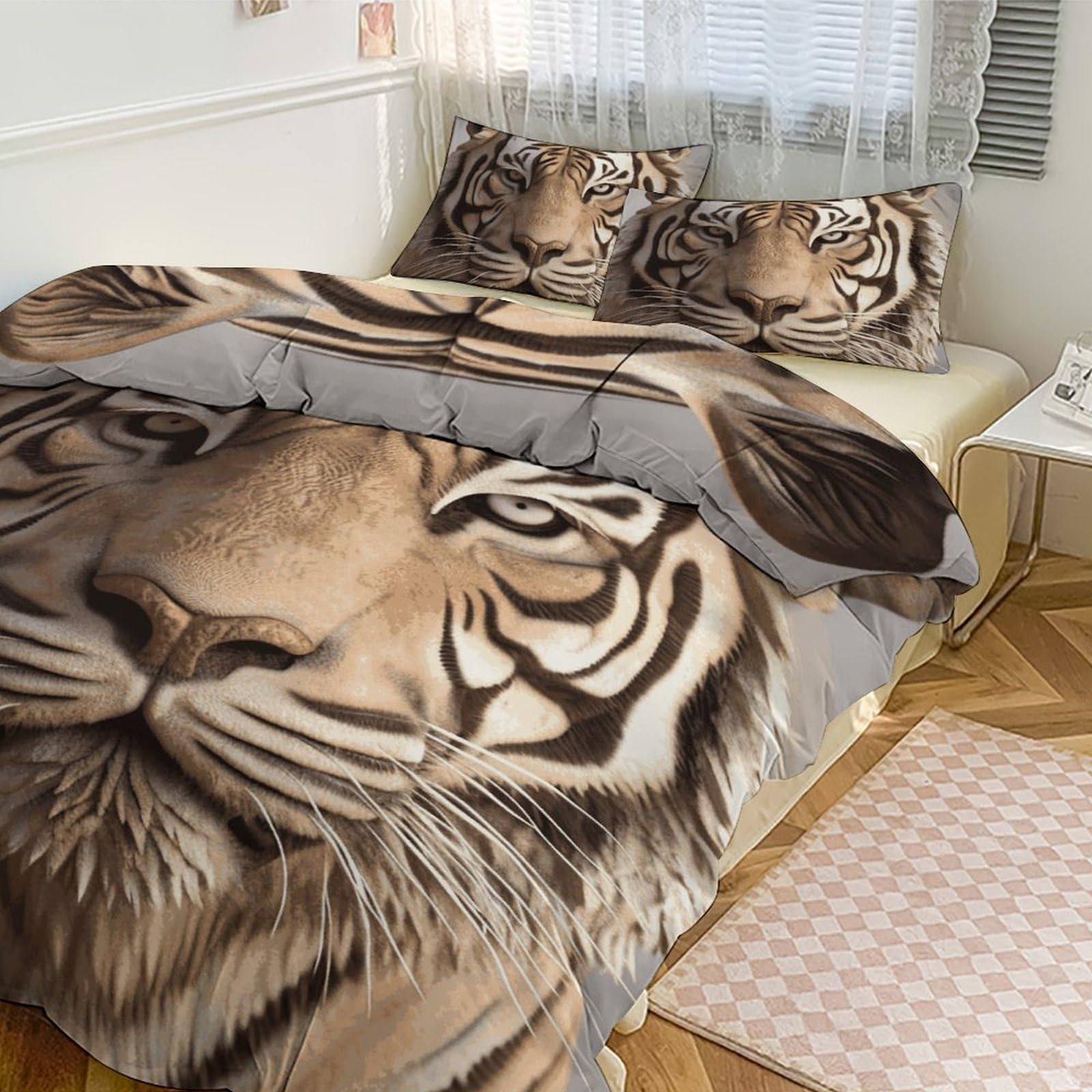 Motif tête de tigre 3D sur cette parure de lit 3 pièces avec couvre-lit épais de maison