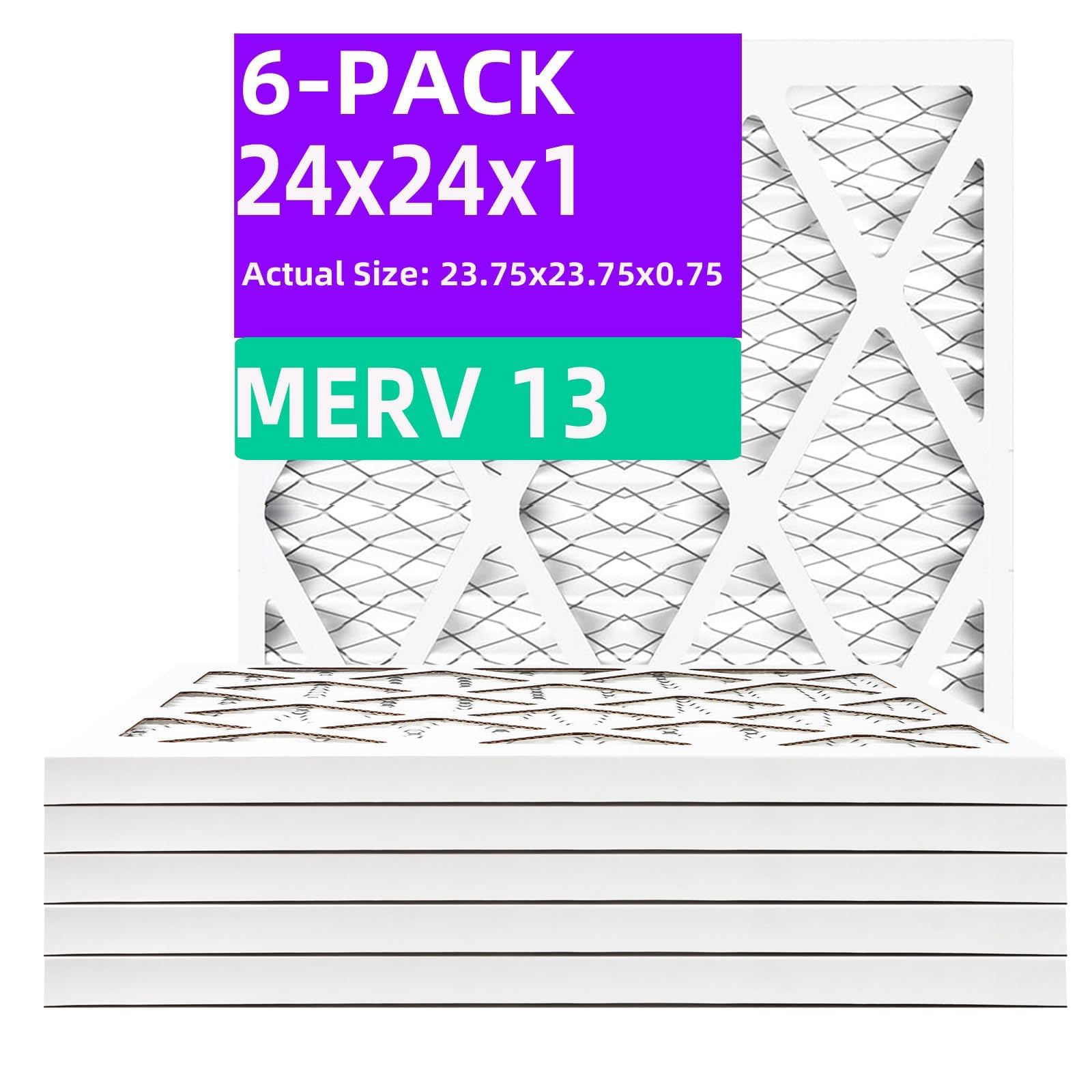24x24x1 MERV 13 (6-Pack) Pleated Air Filter (Actual Size: 23.75"x23.75"x0.75") MPR 1900 & FPR 10, Furnace Air Filters, 24x24x1 air filter