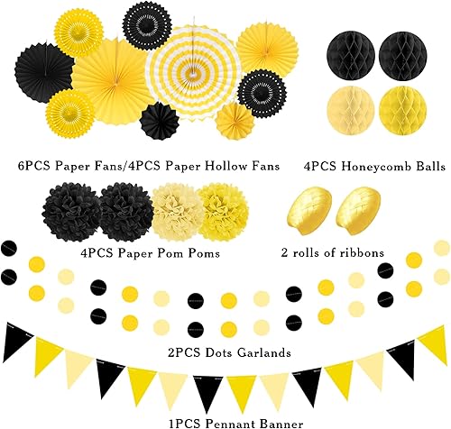 Miniatura 2 de Decoraciones de fiesta en negro y amarillo, 23 piezas de abanicos de papel colgantes para decoración de cumpleaños con pompones negros para