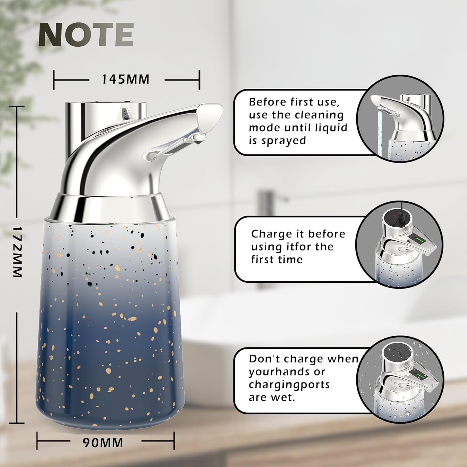 Adjustable Automatic Soap Dispenser Touchless, Ceramic Material，4 Adjustable Levels， Type-c Rechargeable Operated Sensor Liquid Soap Pump，Touch-Free Hand Sanitizer Dispenser (Starry Silver)