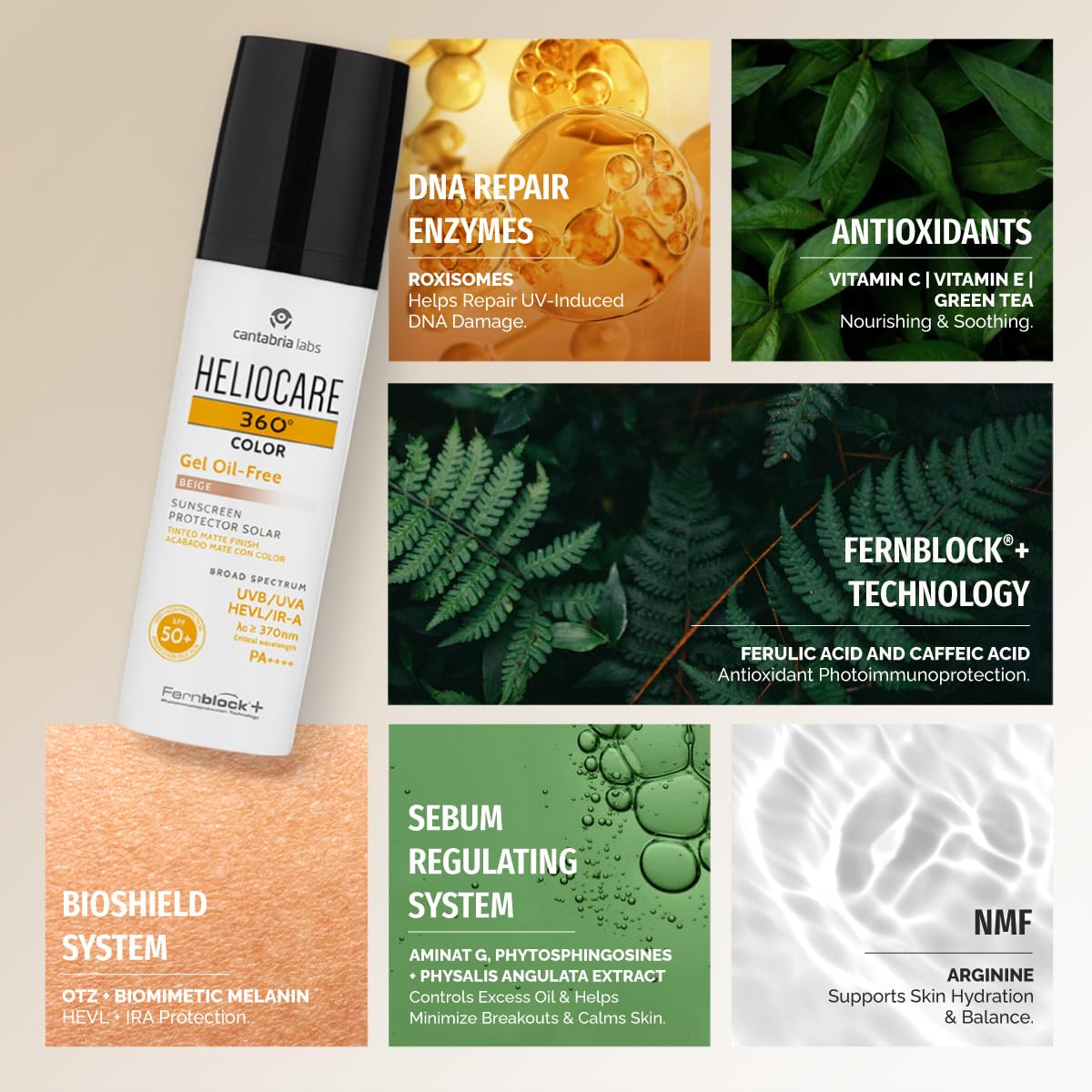 Heliocare 360º Kolor żel bez oleju SPF 50+ - Zaawansowana ochrona przed światłem z kolorem, lekką teksturą, skórą mieszaną lub tłuszczem, matowym wykończeniem i suchym dotykiem, beżowym, 50ml