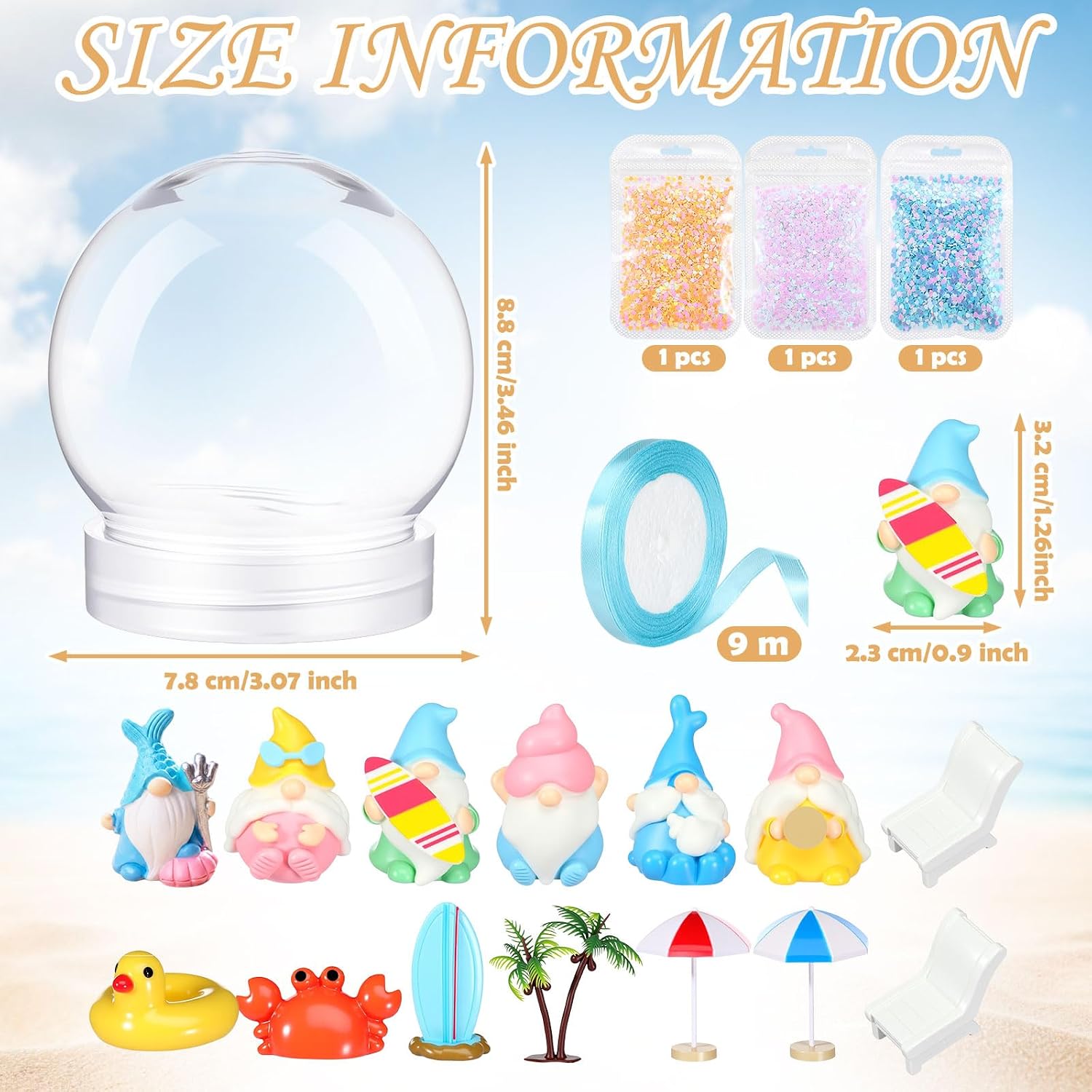 6 Set Beach Summer Snow Globe Craft Kit DIY Coastal Snow Globes with Ocean Gnomes, Glue Gun, Glitter & Ribbon for Summer Coastal Beach Party Favor