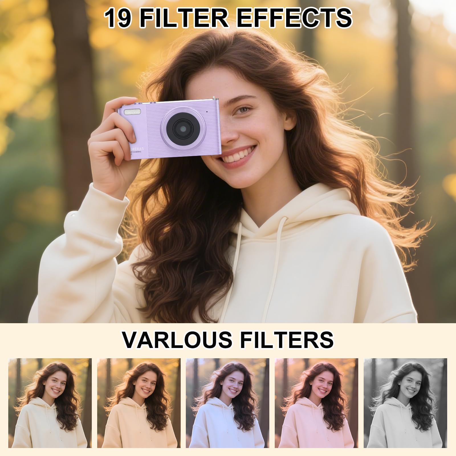 Fotocamera digitale per fotografia, fotocamera 4K 72MP Vlogging, fotocamera digitale con messa a fuoco automatica per adolescenti, adulti, principianti, zoom 16x, scheda da 32 GB, viola