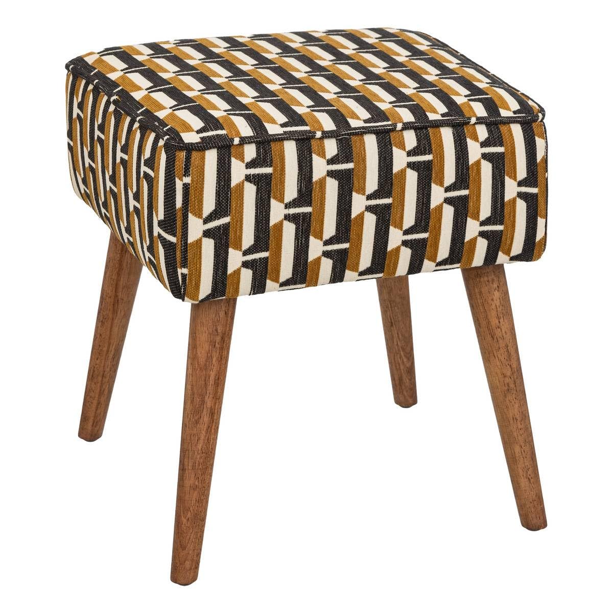 Atmosphera Créateur d'Intérieur Tabouret d'Appoint Chiara Tissu Chenille Noir Ocre Blanc Motif Jacquard Pieds Bois Hévéa