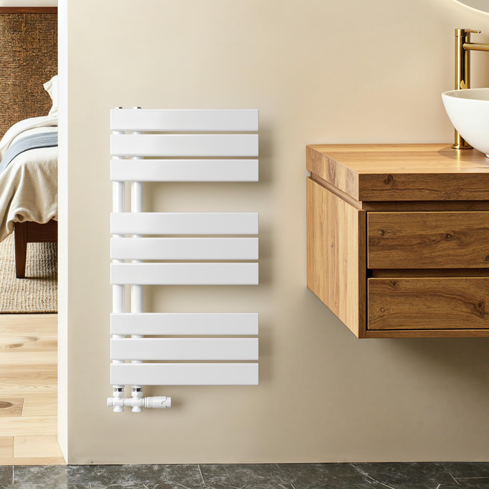 Radiador Toallero de Agua 762x400 mm, 342 W, Blanco | Radiador para Baño con Conexión Central, Calefacción por Agua, Acero Vertical para Secar Toallas (Sin VÔlvula)