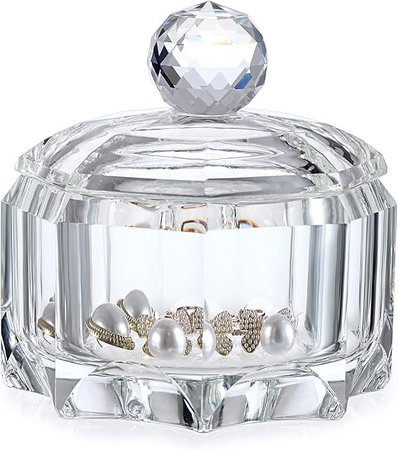 Tolida Glass Jewelry Box with Crystal Handle, Trinket Display Box Treasure Keepsake Box for Rings Earrings Bracelet Necklace, Transparent Kitchen Storage Candy Jar, Cotton Ball Storage Container