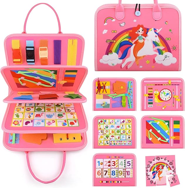 Devolamn Busy Board for Toddlers, 7 in 1 Montessori Toys for 1 2 3 4 Year old Busy Book Toddler Travel Toys, Activities Board Autism Sensory Toys, Educational Toys (Pink Unicorn)