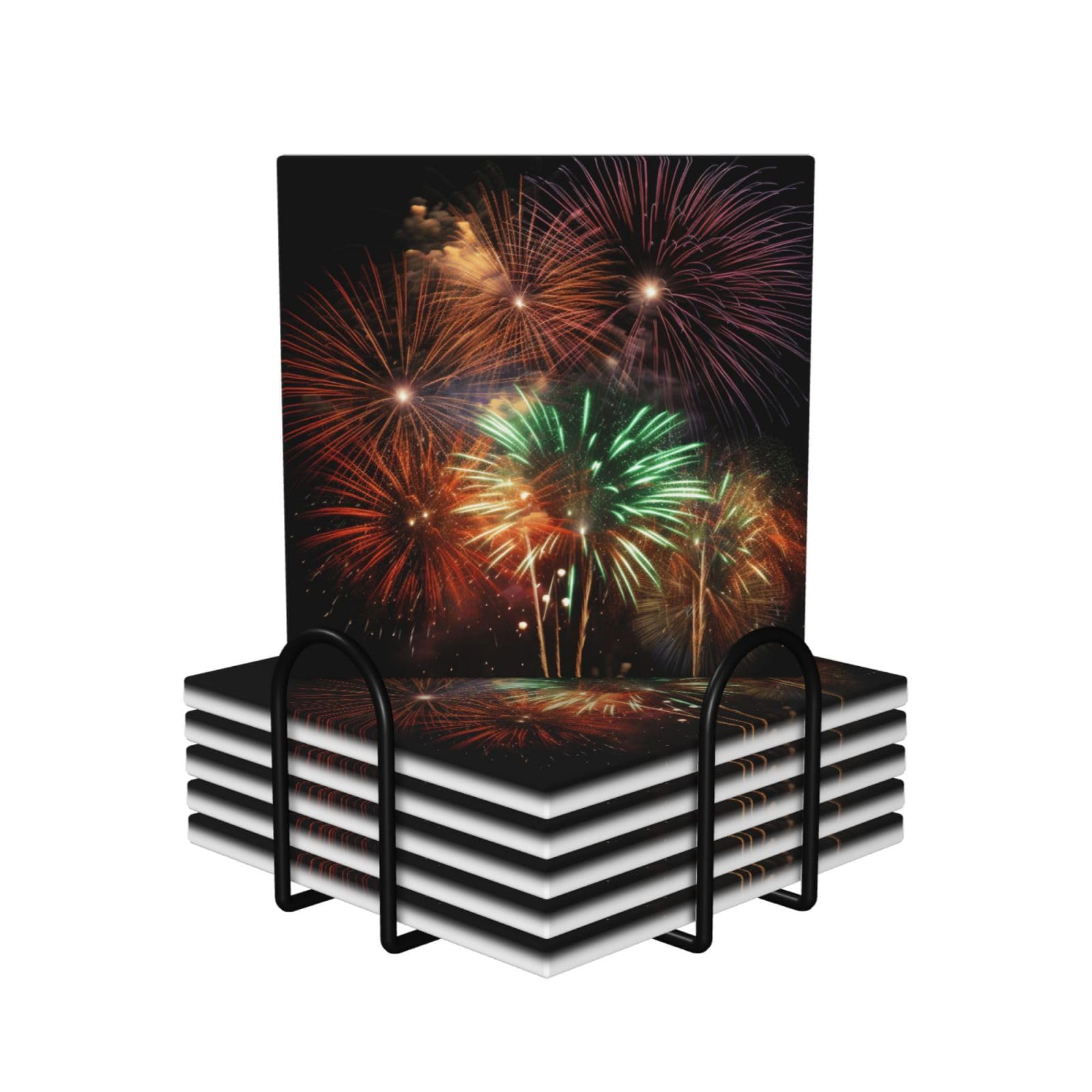 6Pcs Ceramics Coaster for Drinks, Splendid Fireworks Cup Coasters with Holder, Aesthetic Drink Coasters for Coffee Table, Absorbent Round Coaster for Tabletop Protection 4" Cup Mat Pad