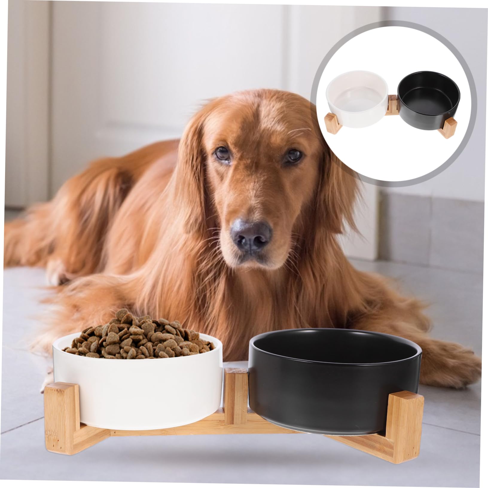 HEMOTON Comederos de Cerámica para Perros y Gatos con Soporte de Madera Antideslizante Comedero Mediano para Alimento y Agua para Mascotas