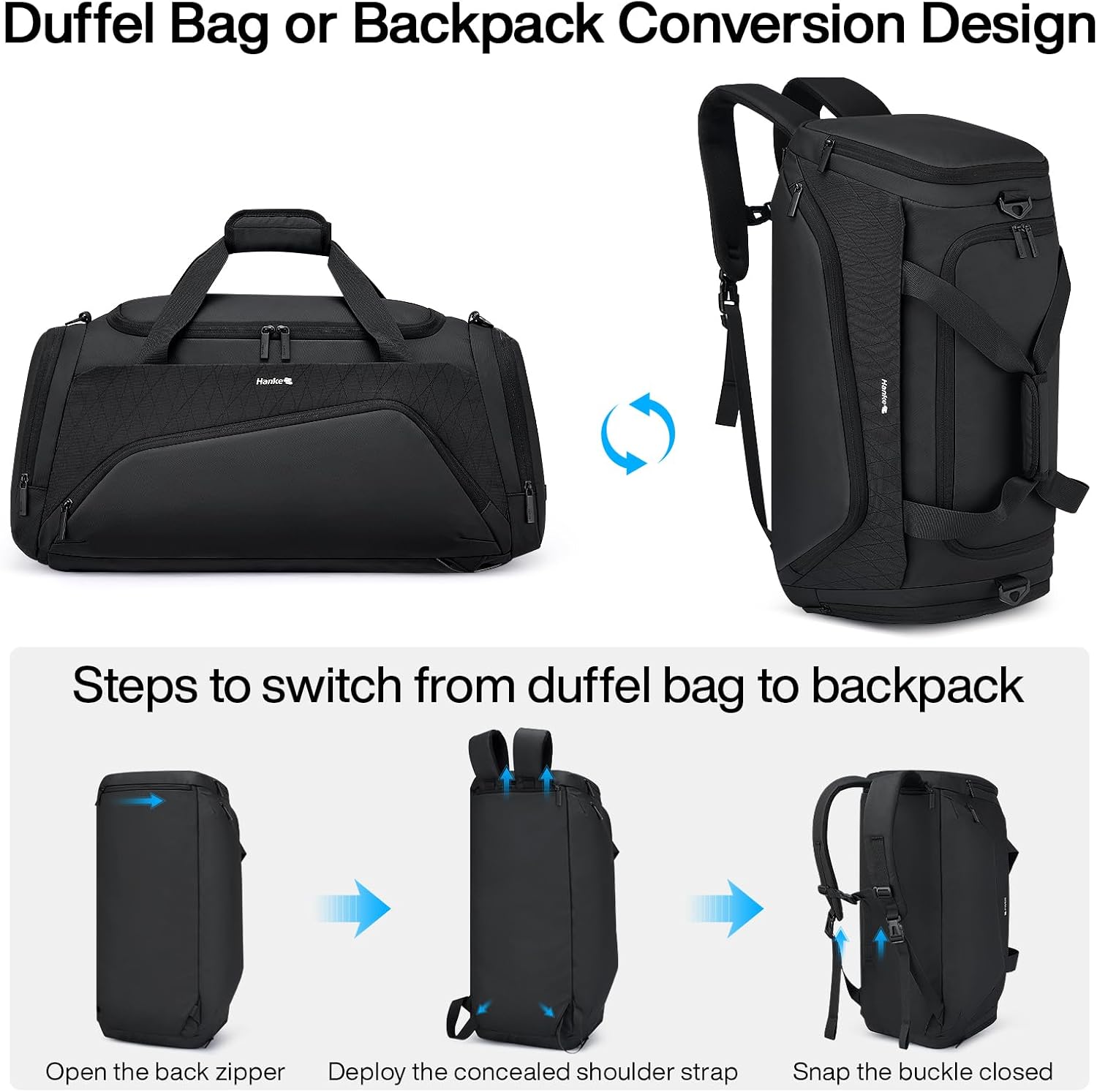 Hanke Carry On Luggage Airline Approved Duffle Bag for Travel, Multifunctional 3 In 1 Travel Duffel Bags for Traveling, 44L Weekender Overnight Gym Hiking Tote Bags for Men & Women.(Black) - Image 4