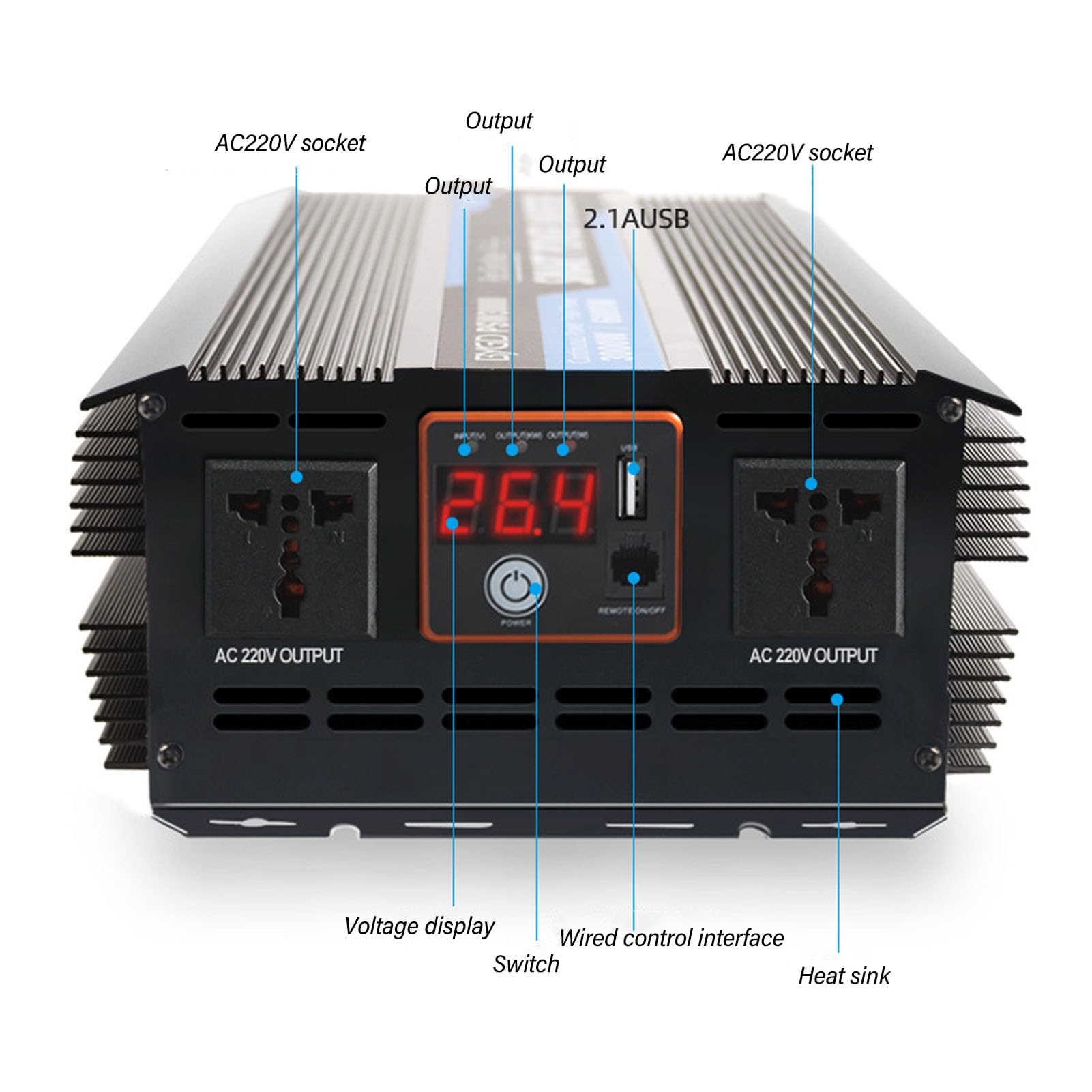 ViaGasaFamido Falownik Czystej Fali Sinusoidalnej Konwerter Samochodowy ze Stopu Aluminium DC12V na AC220V 6000W z Wyświetlaczem LED USB i 2 Gniazdami AC do Użytku w Ciężarówce Kempingowej w
