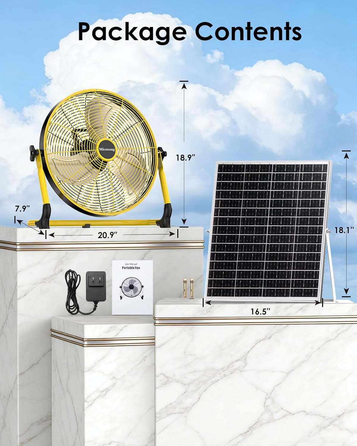 18'' Portable Solar Powered Floor Fan, Cordless Camping Fan Outdoor, Long Lasting Rechargeable Battery Operated Fan, 360° Tilt, USB Output, Wireless, for Home Gazebo Greenhouse Outside Gym