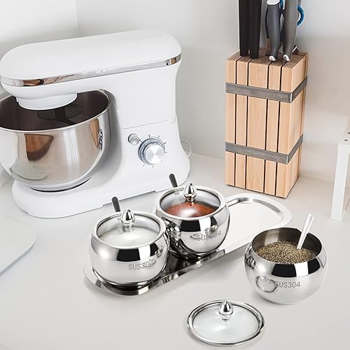 Miniatura 8 de Hedume Juego de 3 contenedores de condimentos de acero inoxidable 304 con 3 rejillas, tapa, cuchara y bandeja, tarros de especias para condimentos,