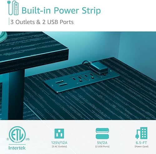 Miniatura 5 de Lufeiya - Escritorio negro en forma de L con luces LED y tomas de corriente, escritorio de 47 pulgadas para escribir, estudiar, computadora y juegos