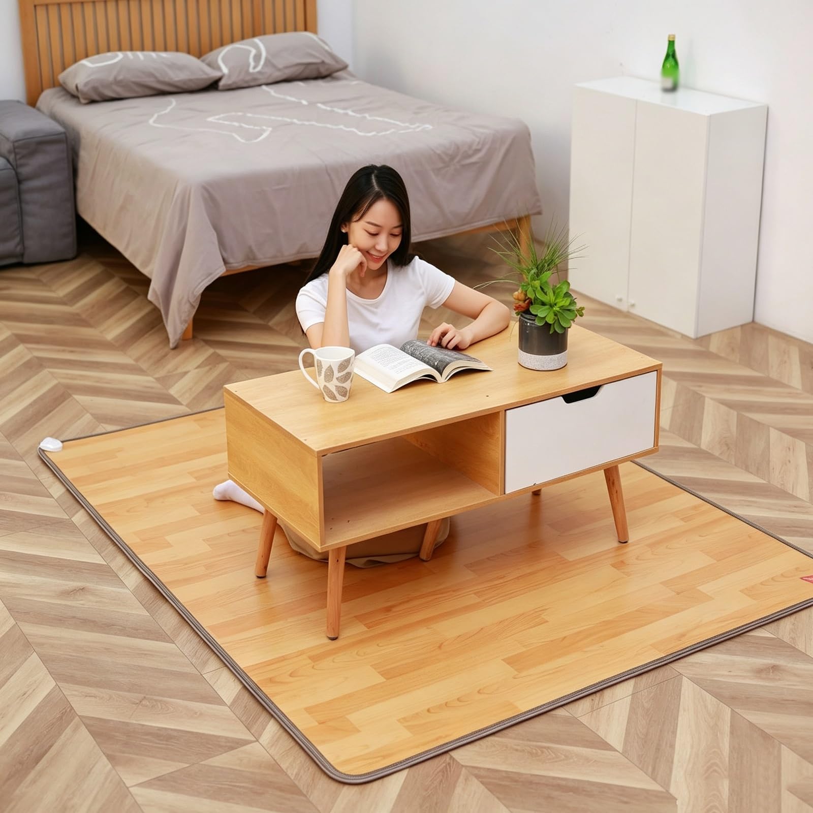 Scaldapiedi riscaldato, effetto legno, riscaldamento al grafene | Tappetino riscaldante per ambienti ampi, spegnimento automatico dopo 12 ore, 60 livelli di calore(C,180*200cm)