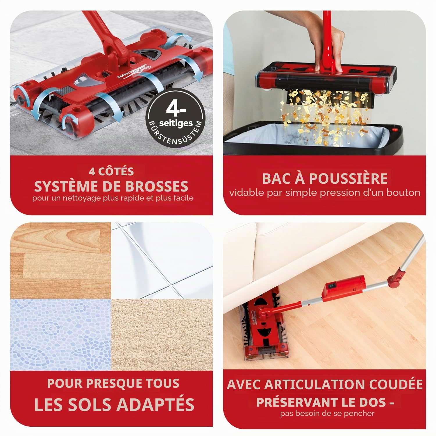 Balai sans fil Swivel Sweeper + batterie supplémentaire – Récupération facile des miettes – Sans fil, sans sac et rechargeable – Balai avec articulation articulée qui ménage le dos et rotation à 360°