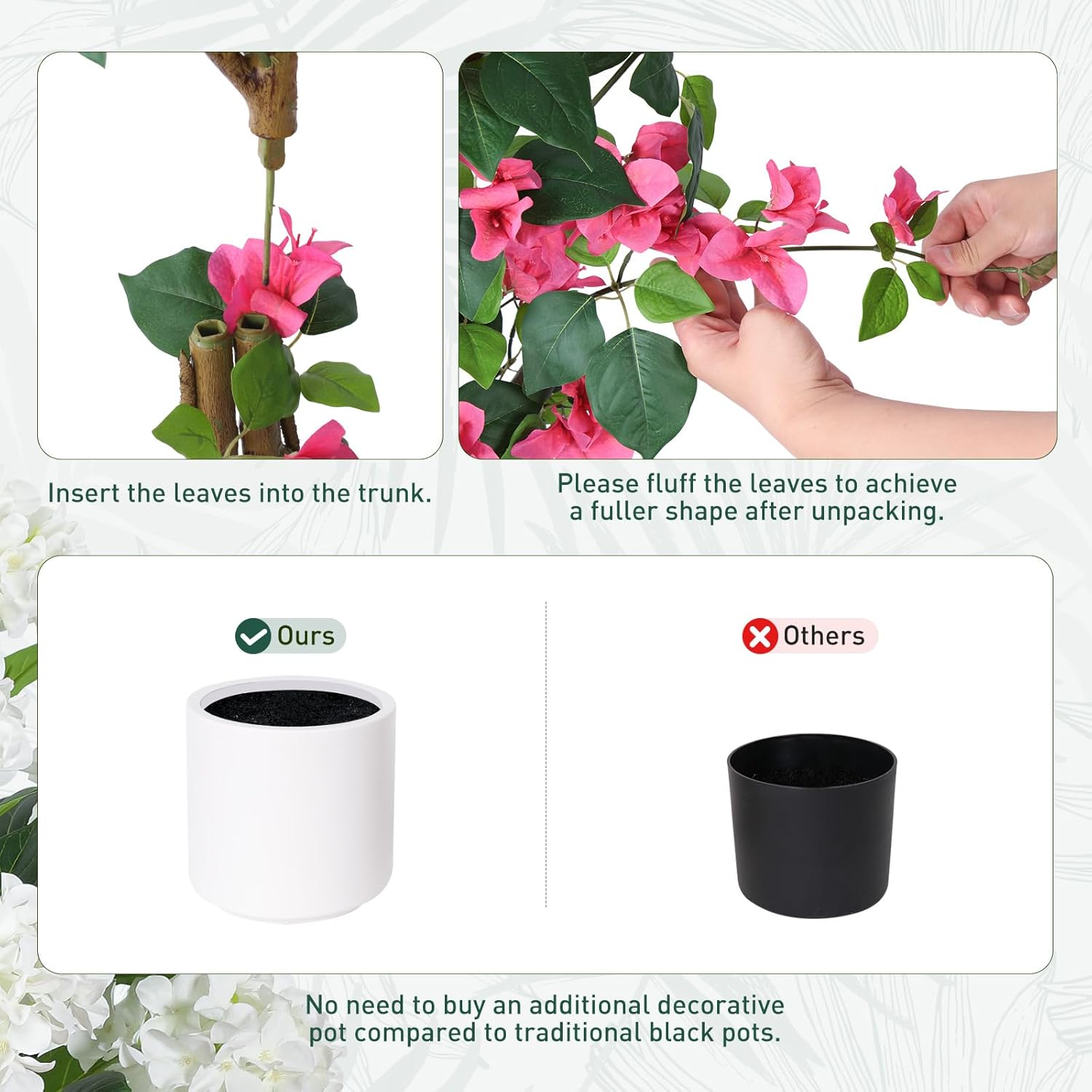 47.3 inch Artificial Bougainvillea Tree，Faux Flowers Plants with White Decorative Planter,Fake Tree for Living Room,Porch, Garden, Indoors & outdoorsM120