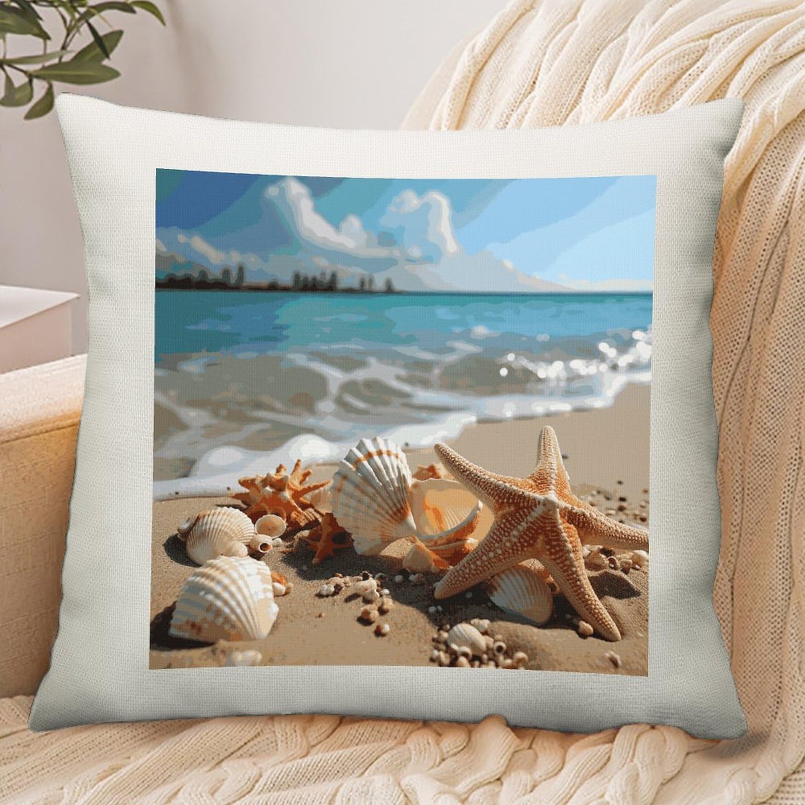 Adfgyerh Style Seashells Starfish On Beach Pillow Cover Breathable,Pillowcases Boho Decorative Envelope Closure,Throw Pillow Covers For Beach,Patio,Balcony,Couch Living Room 16 * 16In