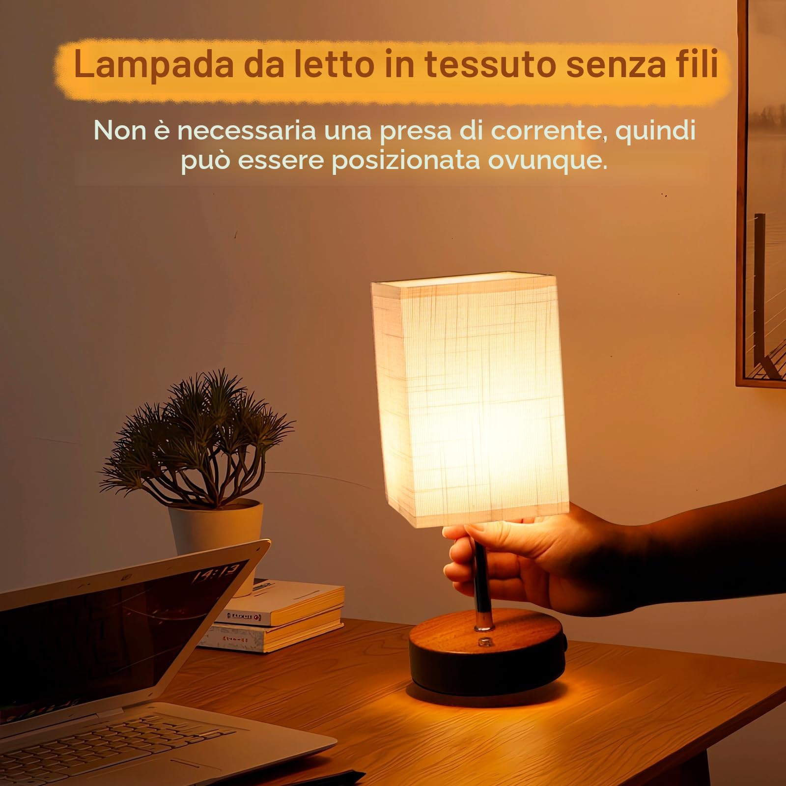 TRUMPETS Lampada da Comodino Touch Dimmerabile Ricaricabile 6000 mAh USB-C,Paralume in Tessuto di Lino, Abat Jour da Comodino per Camera da Letto Soggiorno.