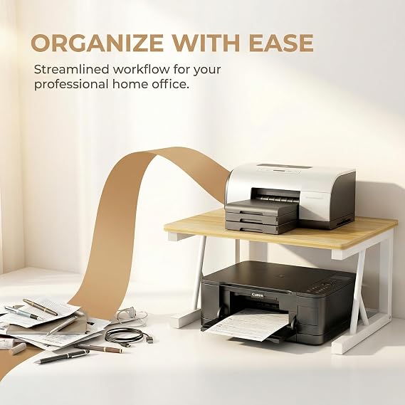 Metal Wood Desktop Printer Stand,2 Tier Printer Stand with Storage Multi-purpose Printer Table,Office Storage Shelves for Printer & Fax,Space Saving,Compact Desk Organizer for Kitchen Worktop Storage