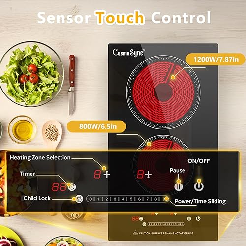 Miniatura 6 de Placa de Cocción Eléctrica de 2 Quemadores, Superficie de Cocina Eléctrica de 12 Pulgadas con 9 Niveles de Potencia, Control Táctil, Temporizador,