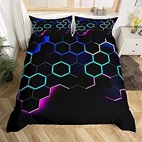 Vista 25 de Juego de funda de edredón de nido de abeja, tamaño Queen, con estampado geométrico hexagonal geométrico, juego de ropa de cama de luces de neón