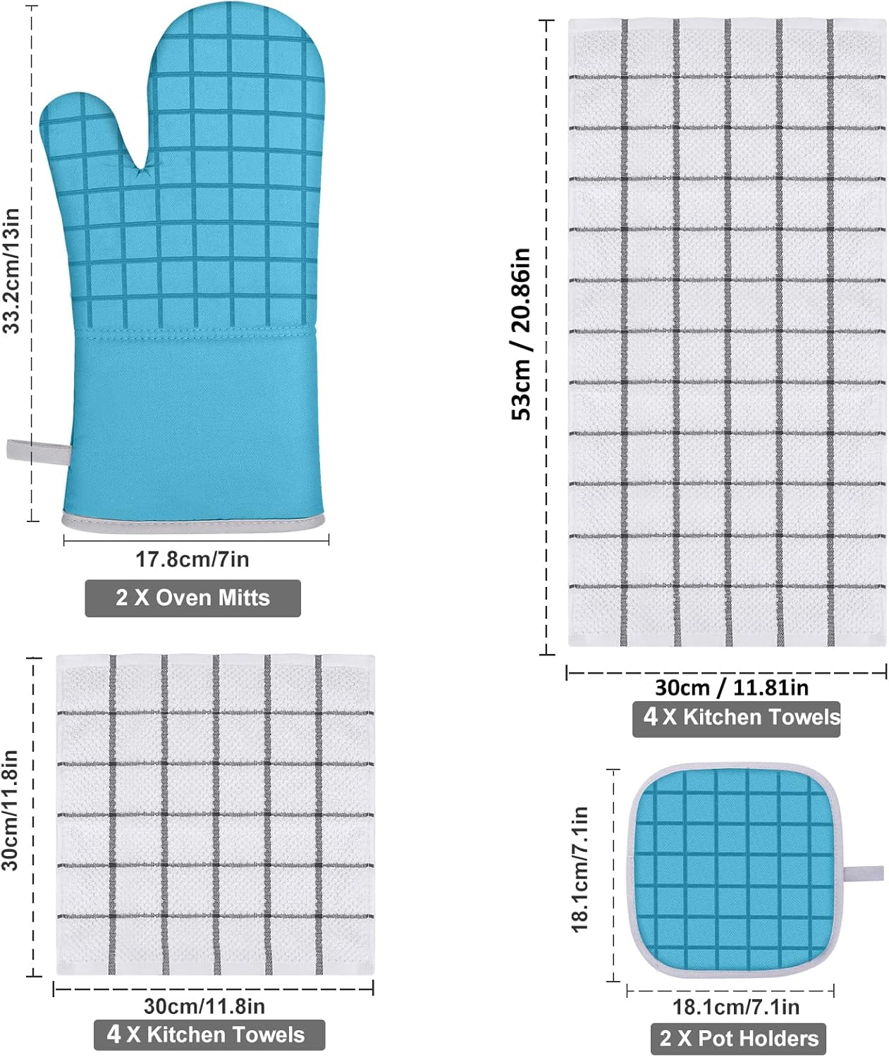 Oven Mitts and Pot Holders Set with Kitchen Towels and Dishcloths, 500 Degree Heat Resistant Oven Gloves and Hot Pads, Premium Soft Cotton Kitchen Hand Towels and Dish Cloth Sets (Turquoise) - Image 2