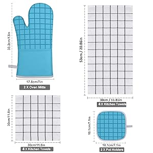 Oven Mitts and Pot Holders Set with Kitchen Towels and Dishcloths, 500 Degree Heat Resistant Oven Gloves and Hot Pads, Premium Soft Cotton Kitchen Hand Towels and Dish Cloth Sets (Turquoise)