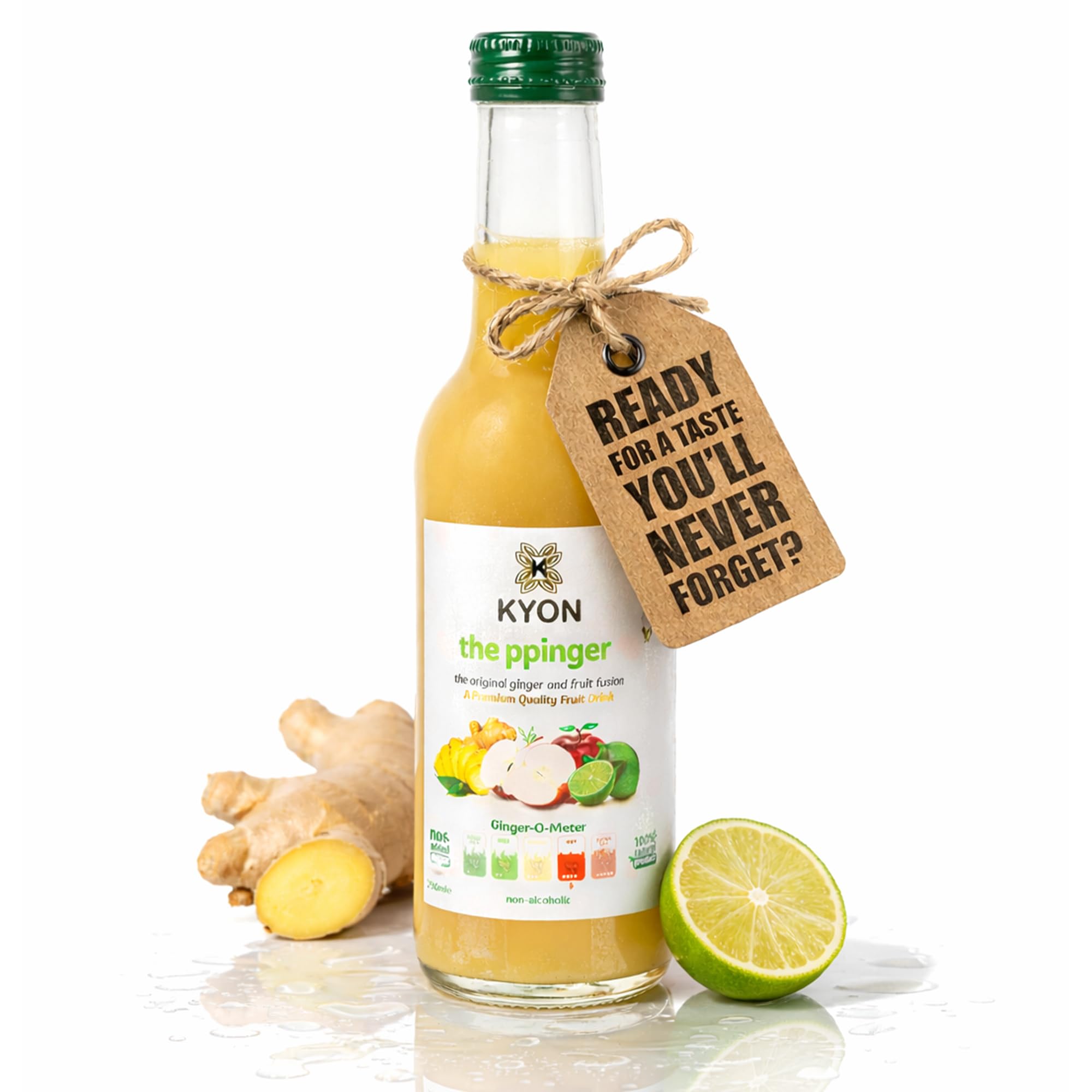 Bevanda Kyon Ppinger - Succo di zenzero con mela, lime e fiori di sambuco, 250 ml, bevanda rinfrescante e analcolica allo zenzero, disponibile in confezioni da 24