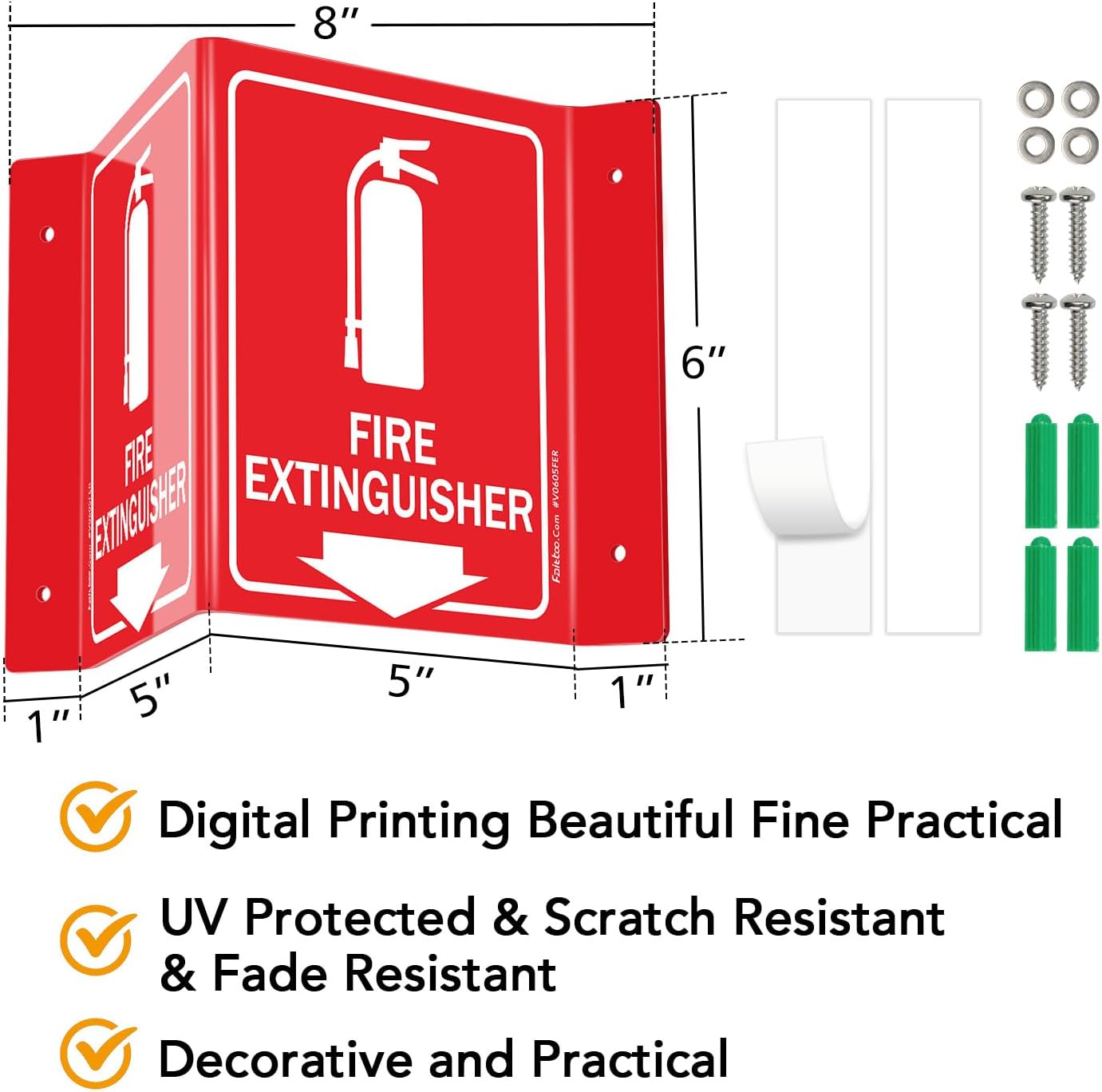 Faittoo Fire Extinguisher Sign, Fire Extinguisher with Down Arrow - 5 Pack 6 x 8 Inches V-Shaped Acrylic Plastic, 4 Pre-Drilled Holes, Includes Matching Screws, Use for Home Office/Business
