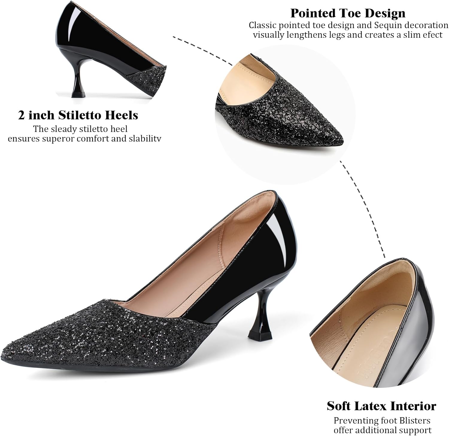 Women's Kitten High Heels 2 Inch Sequin Pointed Toe Leather Pumps Comfortable Slip On Wedding Party Dress Stilettos Shoes - Image 6