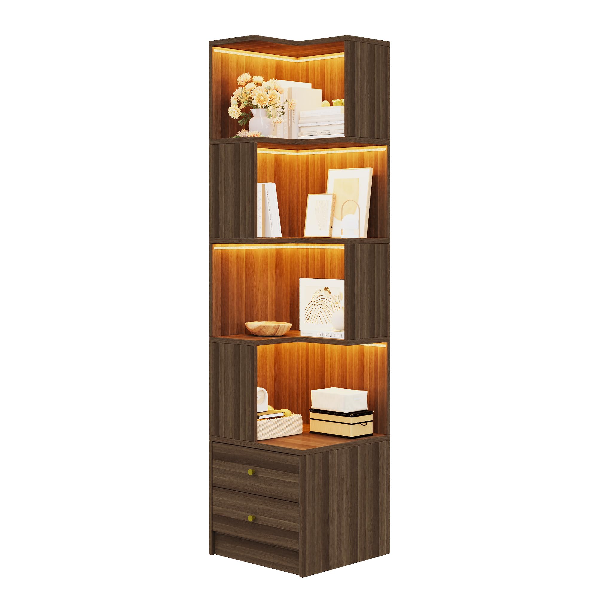 Azkoeesy Vetrina Angolare con illuminazione a LED tramite App, 180 x 45 x 43,5 cm, Mobile Alto con 2 Cassetti e Libreria a 4 Ripiani, Robusto MDF, Adatto a Soggiorni e Ingressi, marrone