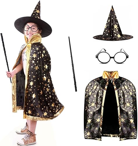 Anzmtosn Disfraz unisex de mago para niños, capa de bruja con sombrero de varita para niños, niñas, niños pequeños