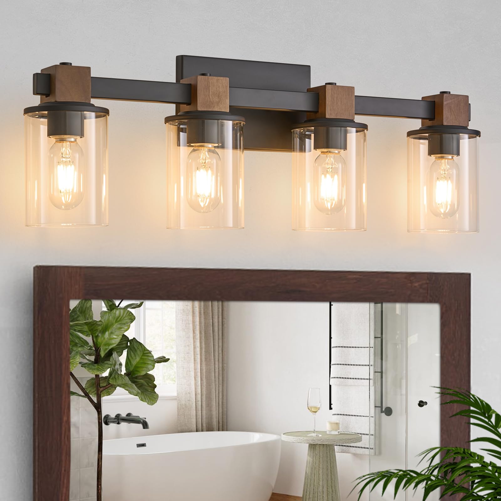 Eatich Bathroom Light Fixtures, Farmhouse Rustic Wood Vanity Light, Industrial Vintage Black Wall Sconce with Clear Glass Shade, 4 Light Bathroom Lights Over Mirror