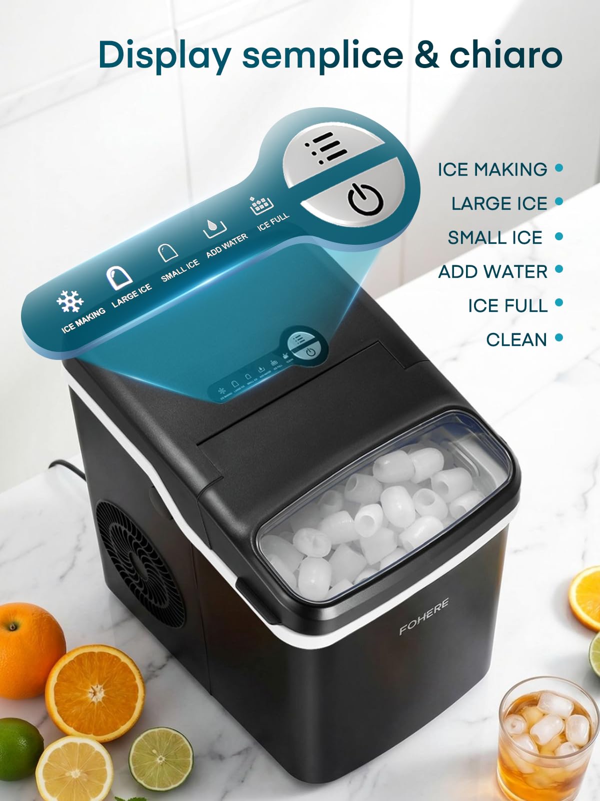 FOHERE Macchina Ghiaccio da Tavolo, 9 Cubetti in 5 Min, Capacità 14KG/24H, Macchina del Ghiaccio Autopulente con Coperchio Completamente Apribile, 2 Dimensioni, per Casa, Cucina, Ufficio, Campeggio
