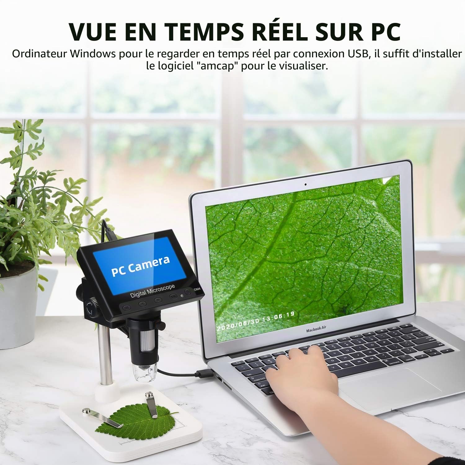 WADEO Microscope Numérique avec Écran LCD 1000 x 10,9 cm - Loupe Vidéo Électronique USB avec 8 Lumières LED Réglables et Rechargeables - Support en Métal pour Enfants et Adultes
