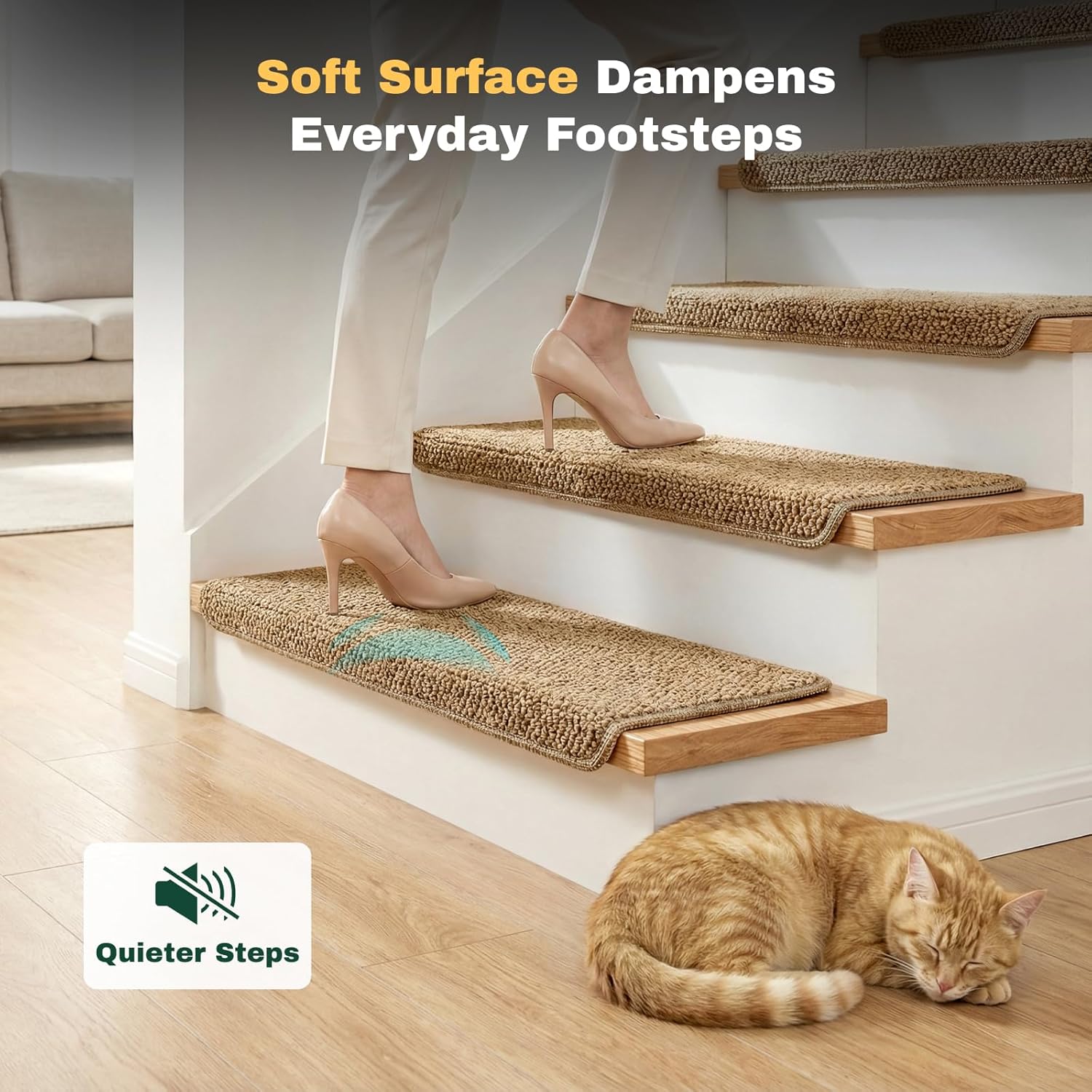 MBIGM Bullnose Non-Slip Stair Treads w/Reusable Adhesive 14 Pack 9.5" x 30" Wooden Steps Protection - TPU Backing with Steel Reinforcement - Anti-Slip Solution Knitted Camel Non Slip Stair Tread