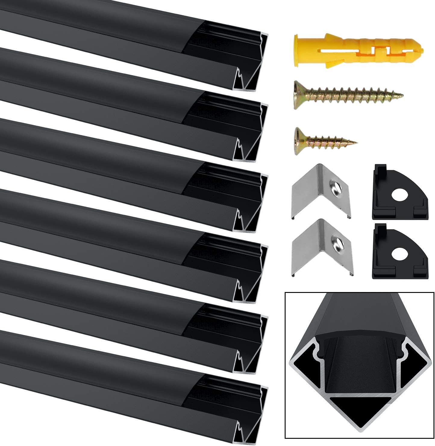 JirvyukLed Aluminum Channel, 6 Pack 1m/3.3ft V Shape LED Aluminum Profile and Diffuser with Black Cover for insdoor End Caps and Metal Mounting Clips Aluminum Extrusion Track for LED Strip Lights