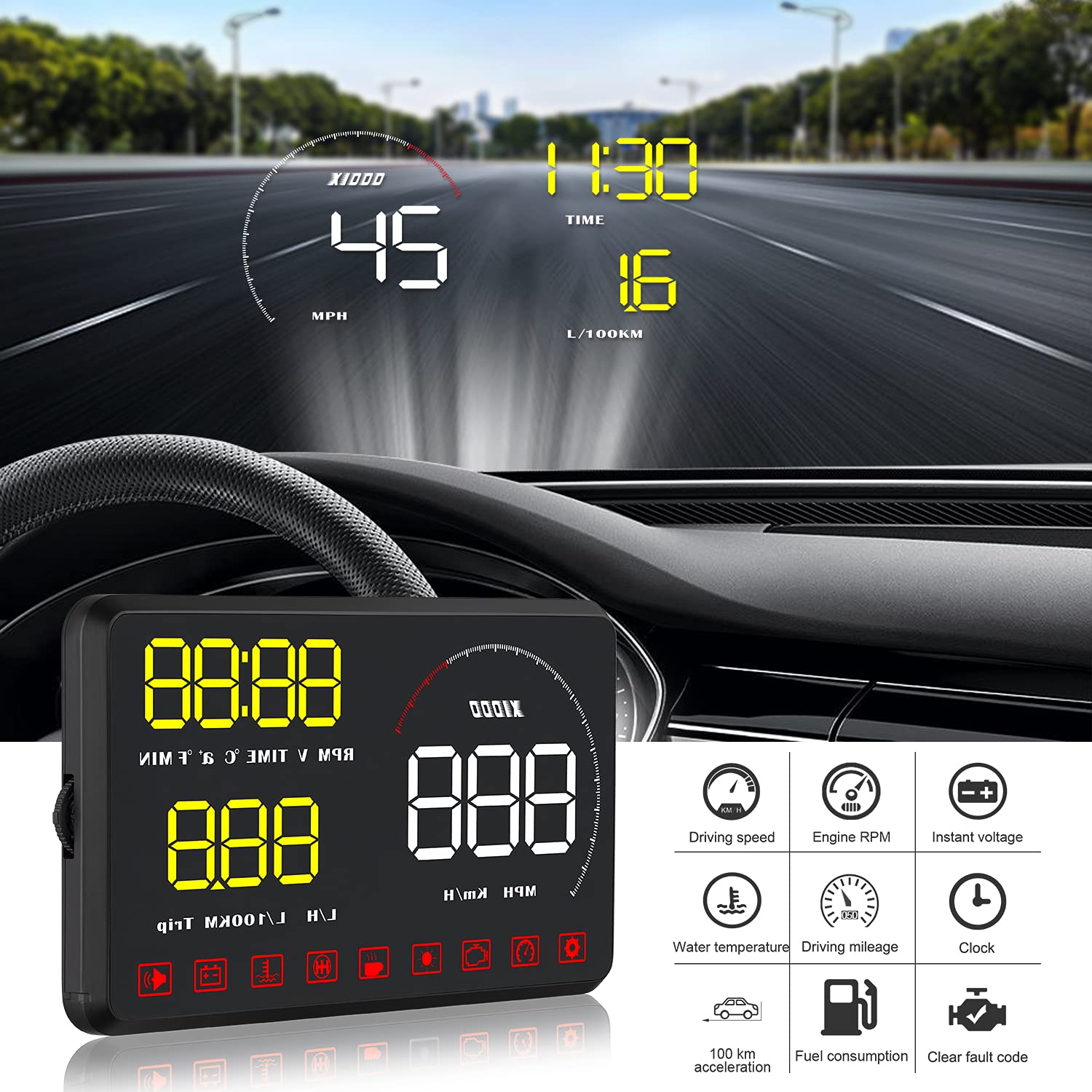 Afficheur HUD pour voiture, Baceyong Car Head-Up Display Projector Digital Speedometer avec écran HD 5,5 pouces Jaune