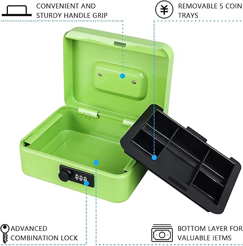 Miniatura 96 de KYODOLED - Caja de dinero grande con cerradura de combinación, caja de metal segura para dinero, caja de almacenamiento con bandeja de dinero, 9.84