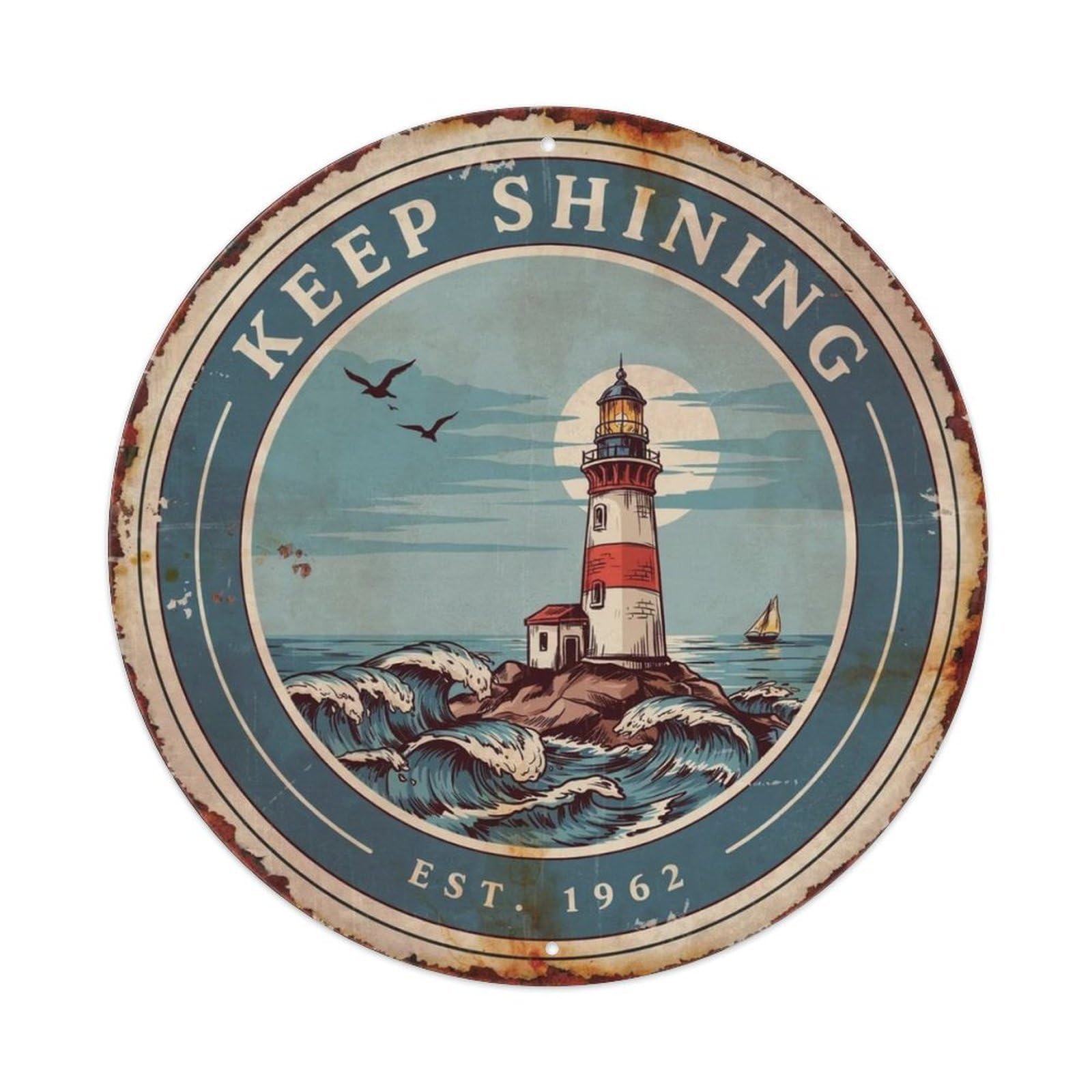 Retro Nautical Lighthouse Vibe. Metal Tin Sign Plaque