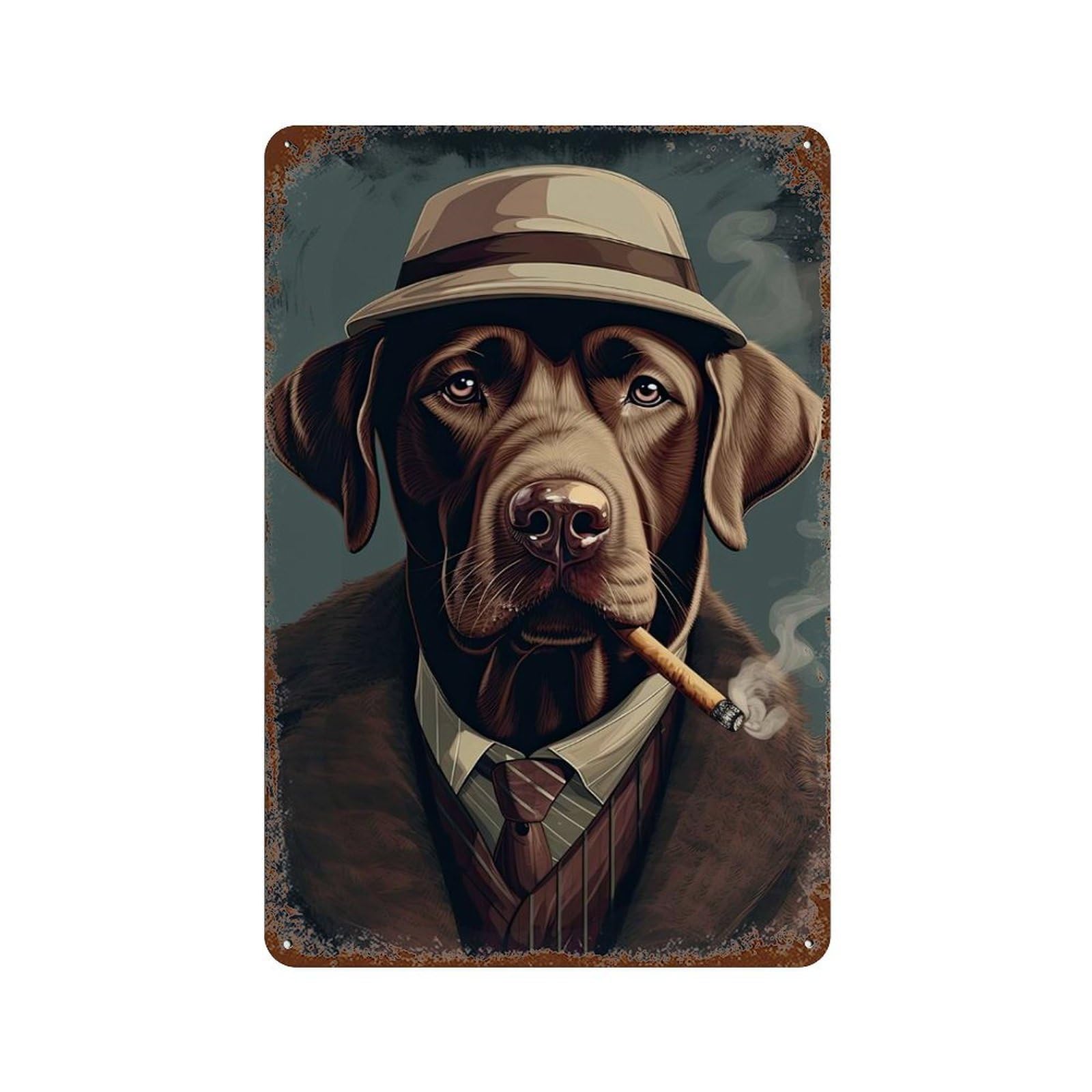 Brown Labrador Gangster Rust Effect Tin Sign 11.8"x7.9", Old School Wall Decor for Living Room, Hallway And Home Decor