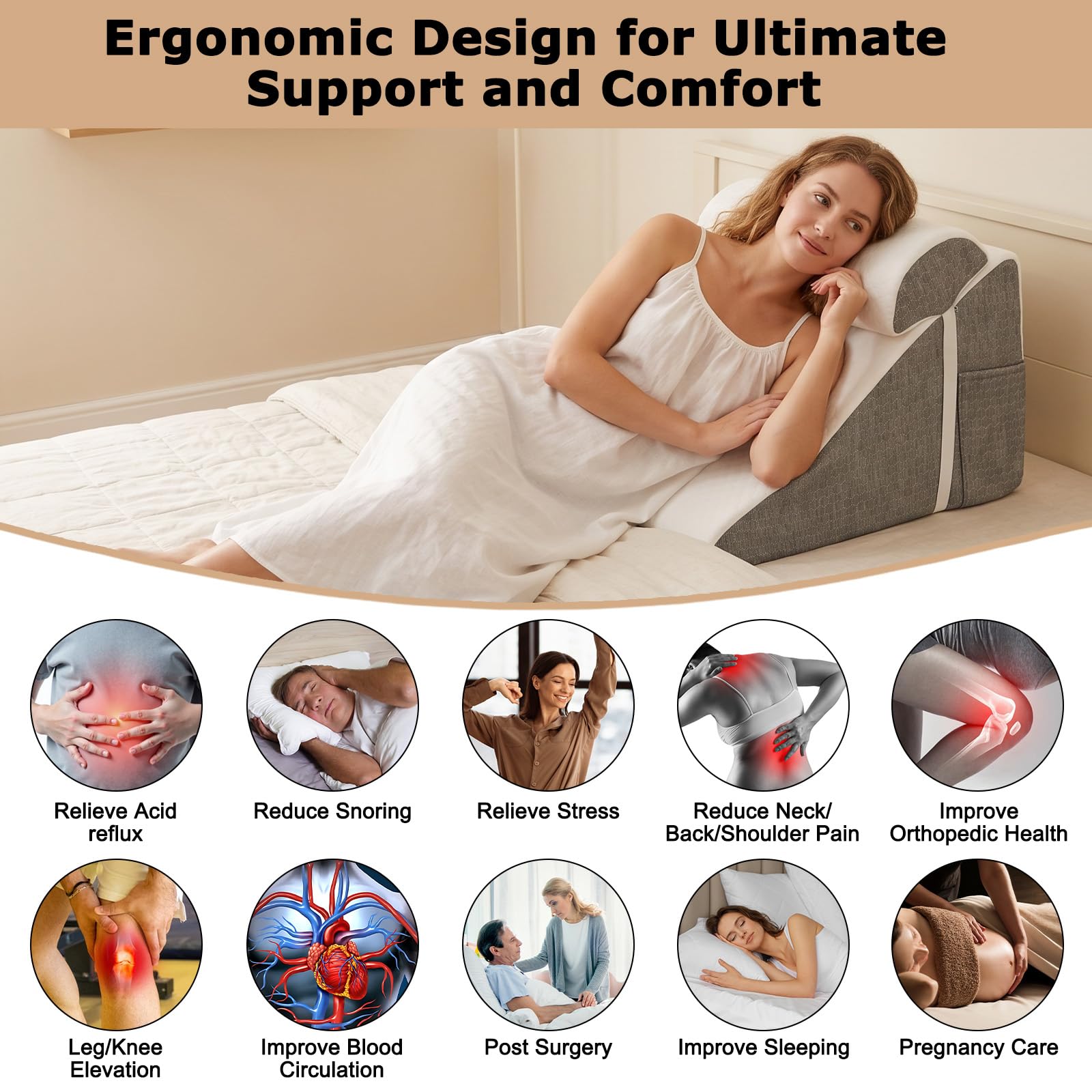 Cojín de apoyo de cuña para cama con cojín suave, almohada de cuña de espuma para apnea del sueño, reflujo ácido, alivio del dolor de espalda, elevación de piernas, almohada triangular inclinada para