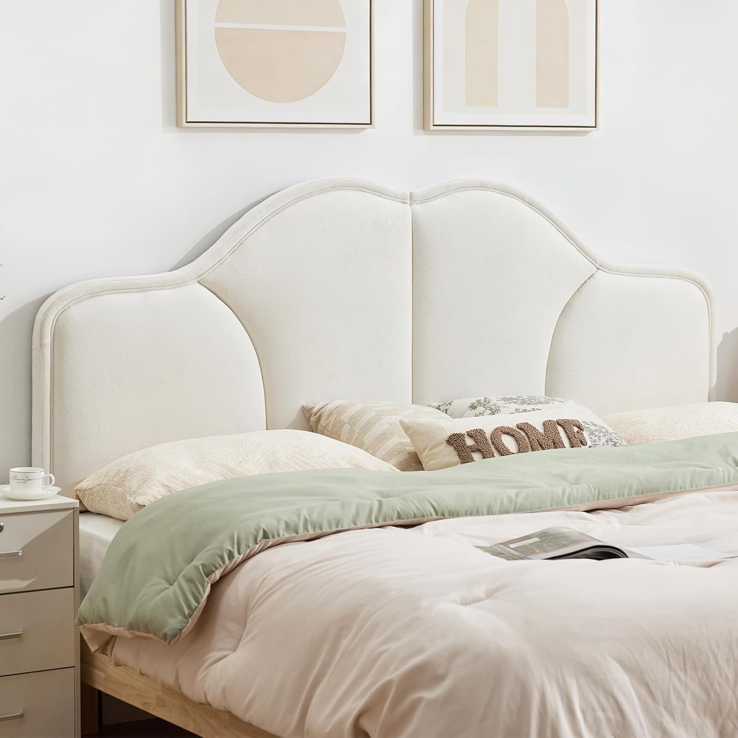 King Size Headboard Only, Upgraded One-Piece Upholstered Headboards Adjustable Height&Width California King Bed Headboard Modern Curved Chenille Fabric Padded Head Board, Light Brown