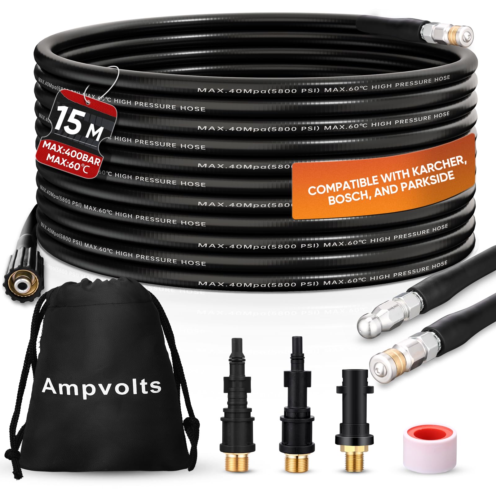 Tuyau De Débouchage Canalisations 15m Compatible Karcher K2-K7 - Avec 3 Adaptateurs, 2 Buses, Ruban Adhésif - 6