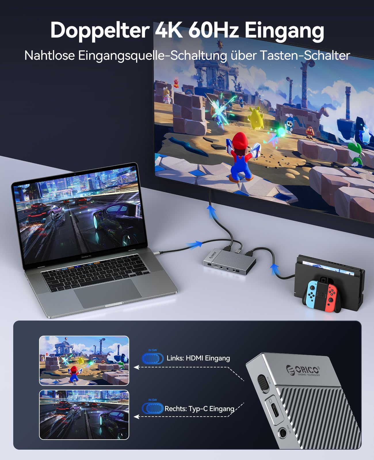 ORICO IS6 4K Portable HDMI Capture Card für Streaming, Dual 4K@60Hz Eingänge, USB-C mit Audioanschlüssen, kompatibel mit PS5, Xbox, Switch, OBS Recording, funktioniert mit PC, Mac, Laptop, iPad