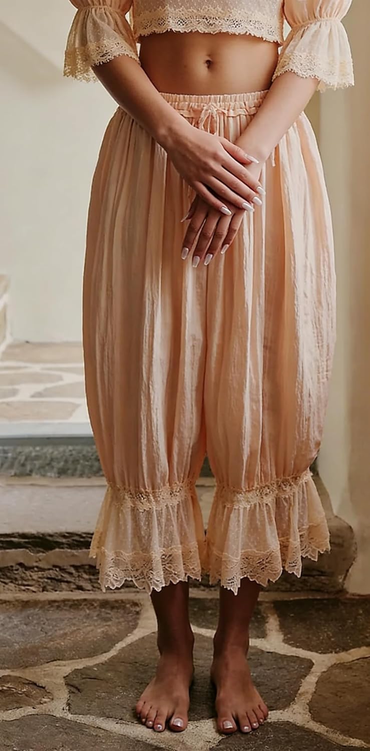 NUFIWI Women Ruffle Long Bloomer Y2k Lace Trim Pettipants Pantaloons Mid Rise Cropped Pajama Pants Under Dress Slips