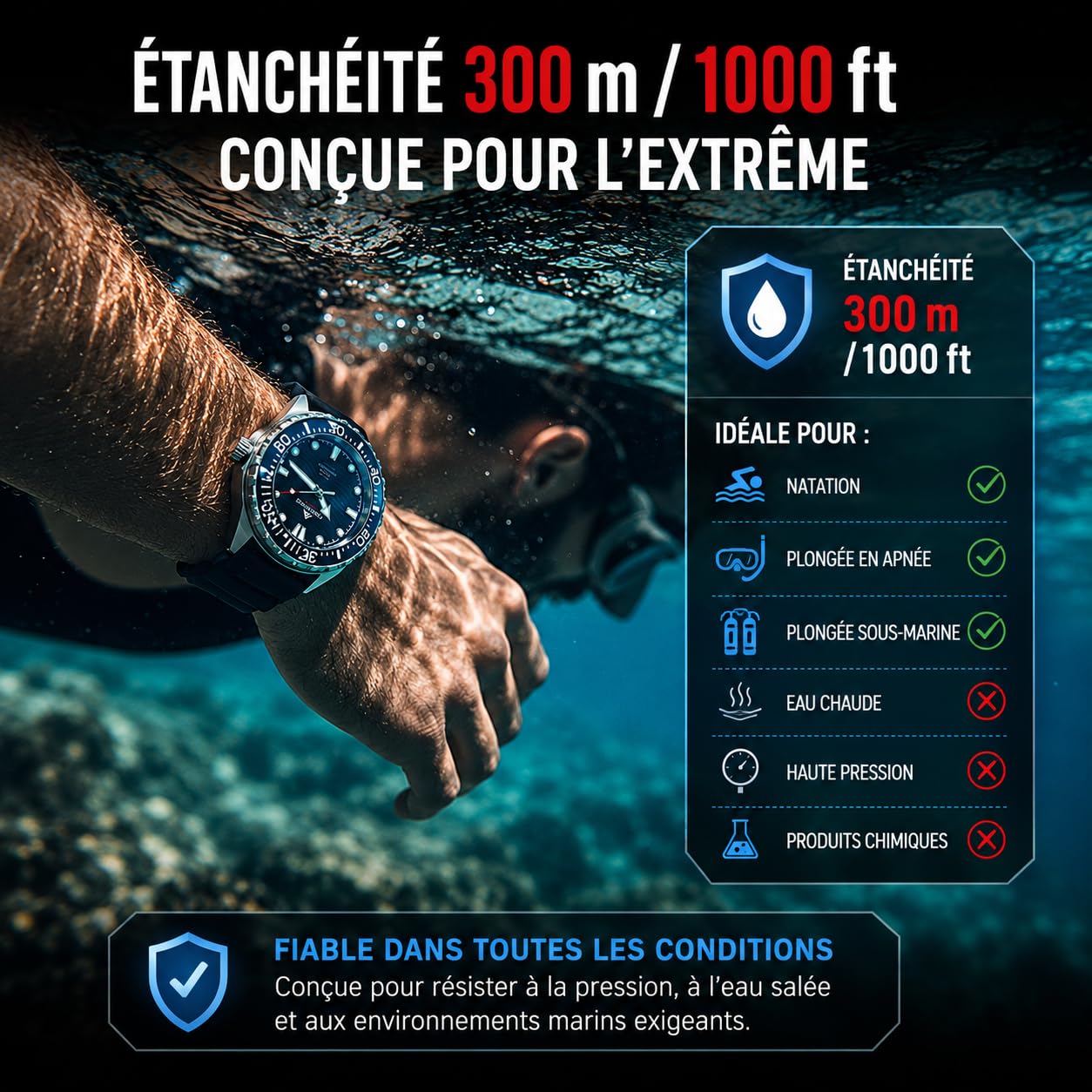 NORTH EDGE Montre de plongée à énergie solaire pour homme et femme - Étanche jusqu'à 300 m - Cadran lumineux - Bracelet en silicone